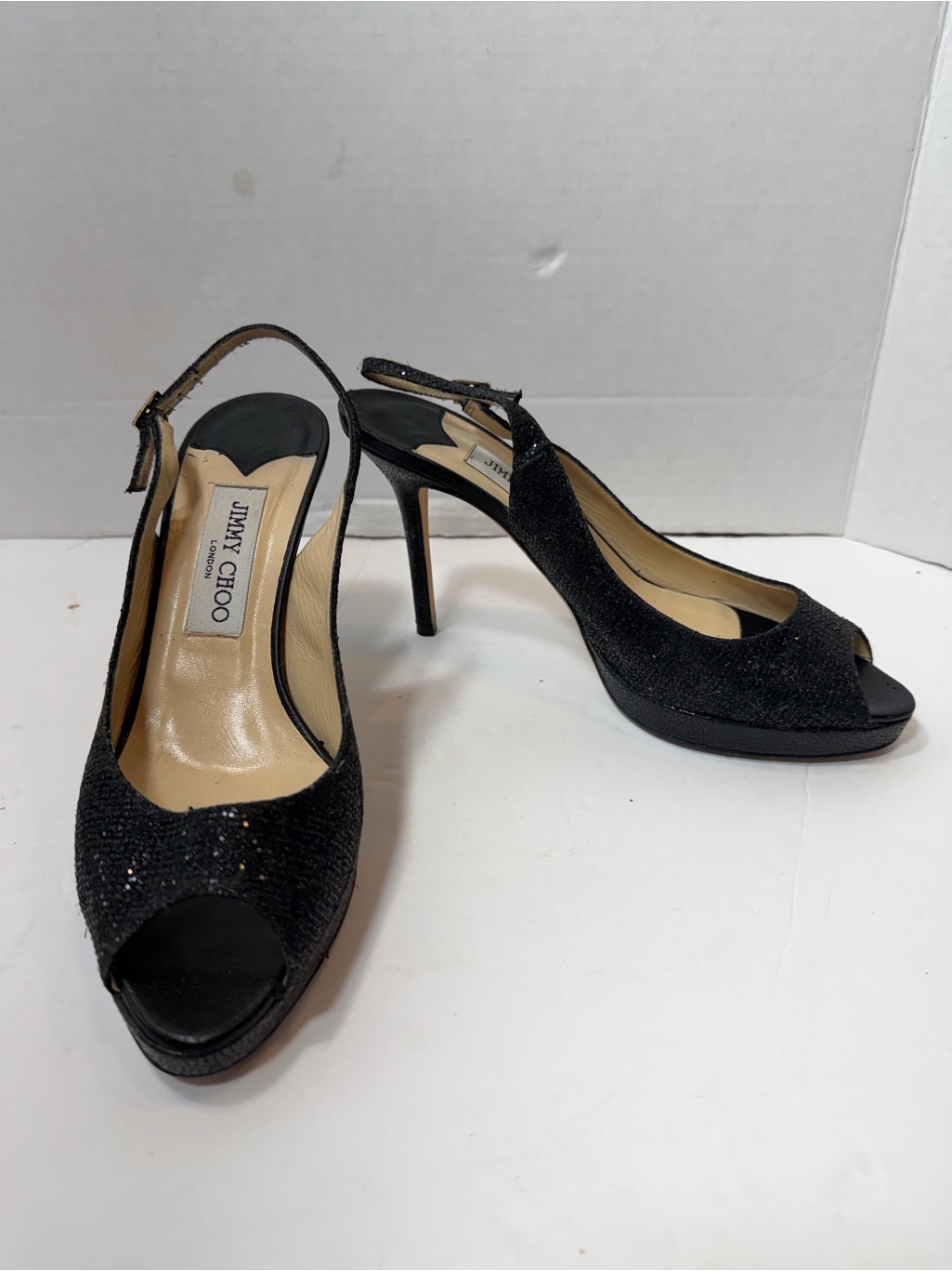 Jimmy Choo Black Glitter And Lurex Fabric Nova Peep Toe Slingback Size 38.5